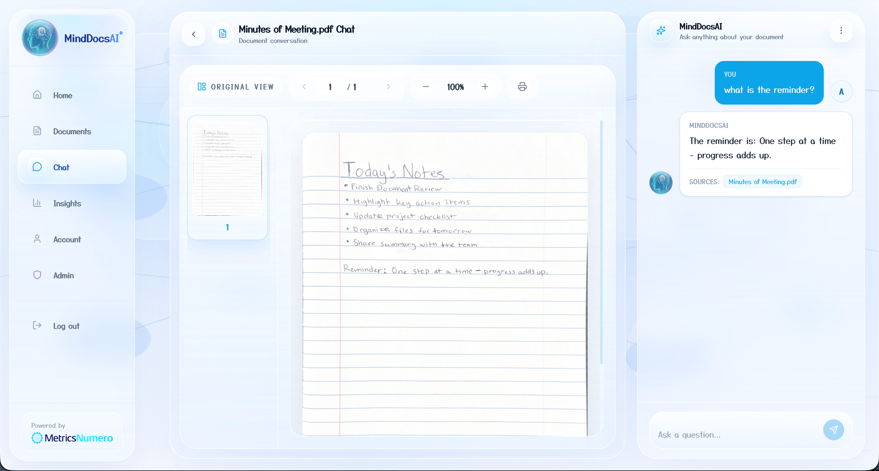 MindDocs AI showing a handwritten document scan with an AI conversation alongside it.