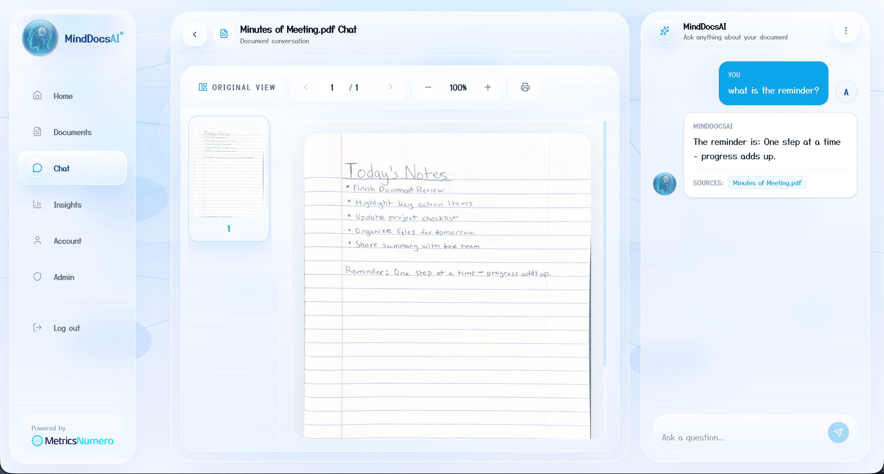 MindDocs AI showing a handwritten document scan with an AI conversation alongside it.